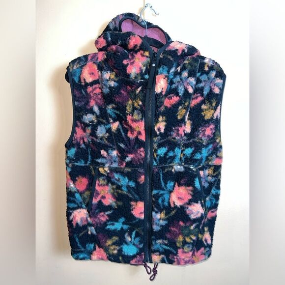 Prana Size XS Black Abstract Floral Print Fleece Sleeveless Full Zip Hooded Vest - Picture 1 of 5